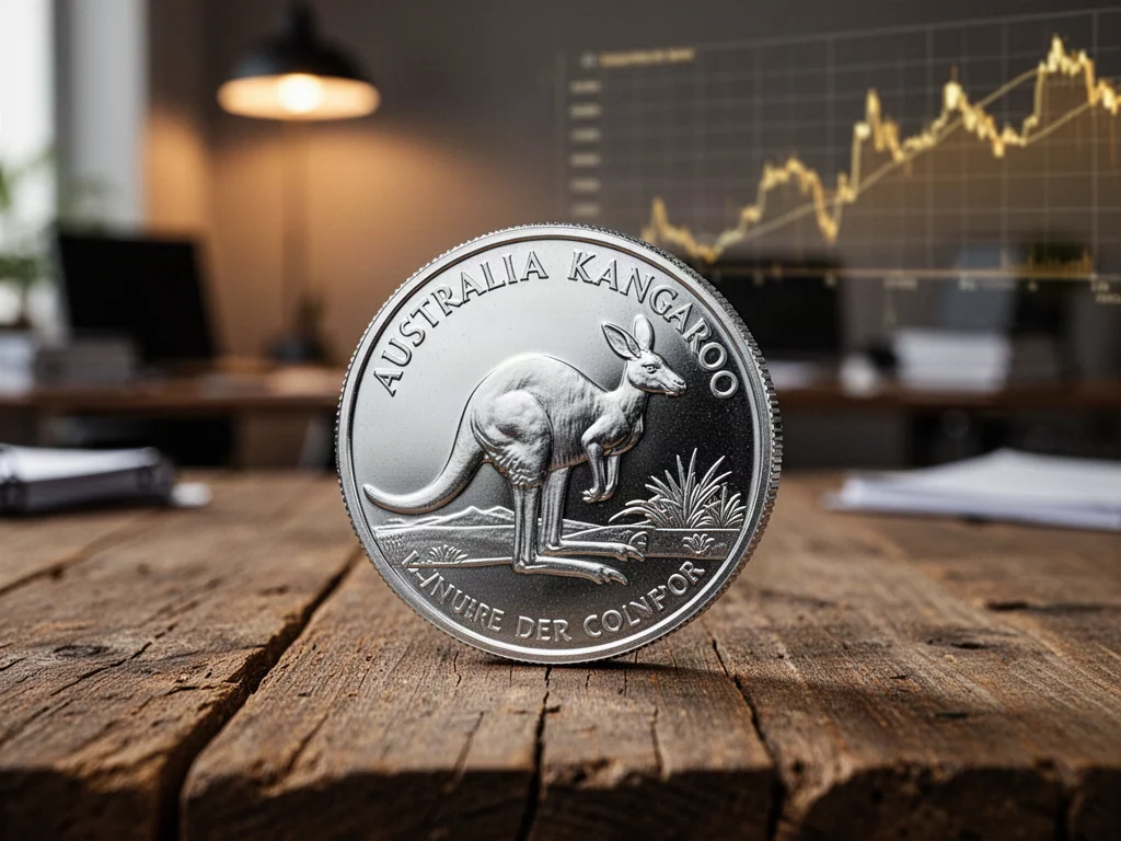 Srebrna moneta Australijski Kangur na drewnianym stole w otoczeniu wykresów inwestycyjnych.