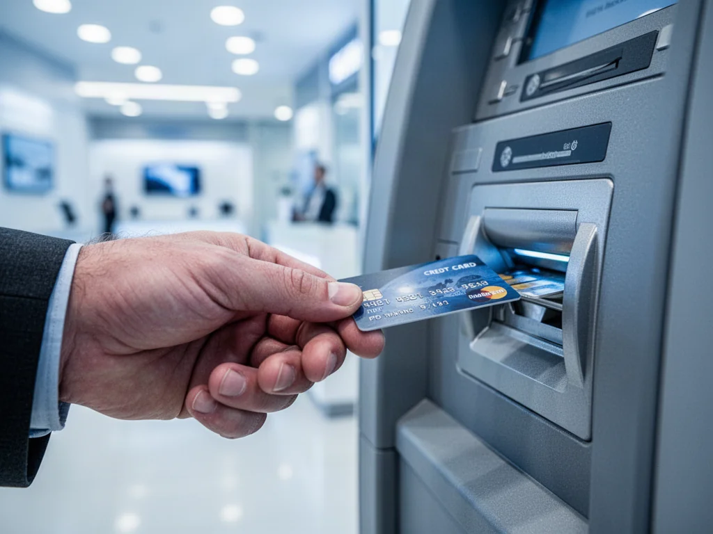 Dłoń wsuwająca kartę płatniczą do szczeliny nowoczesnego bankomatu w jasnym wnętrzu banku.