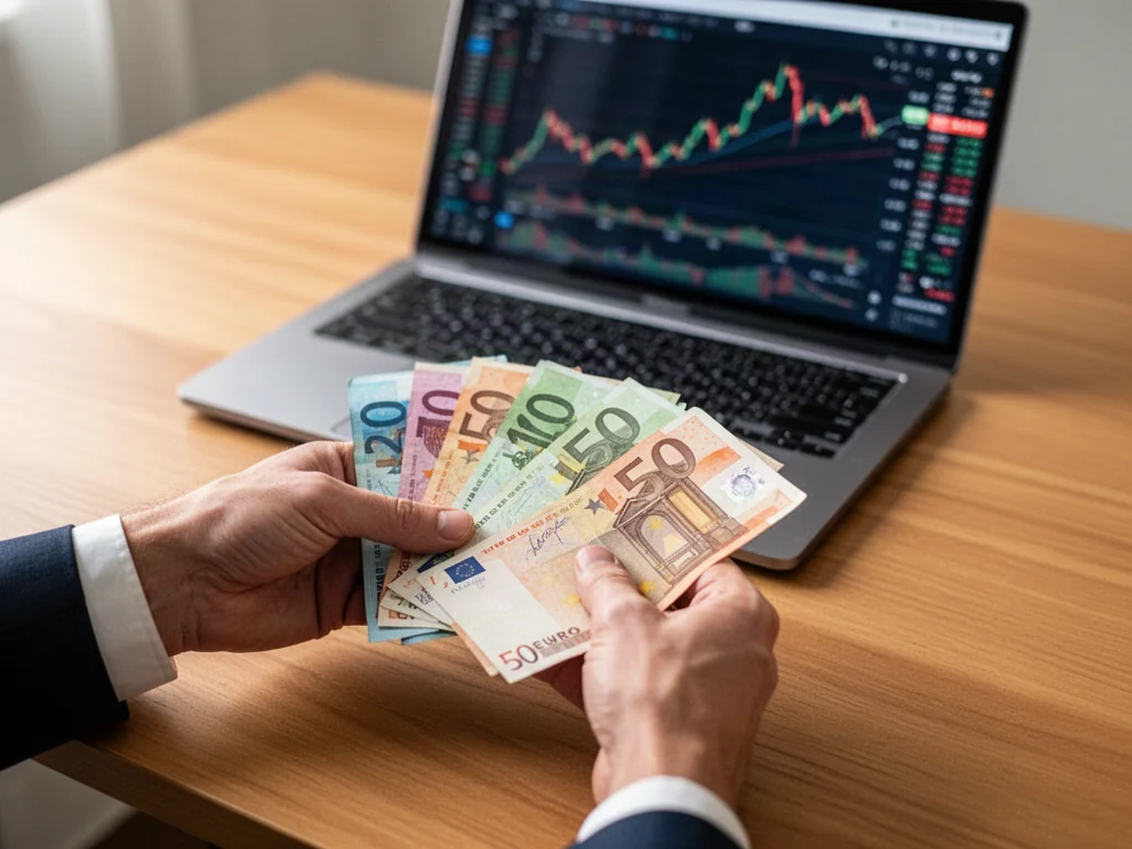 Dłonie przeliczające banknoty euro na drewnianym biurku z wykresem kursów walut na ekranie laptopa w tle.