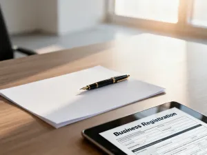 Osoba trzymająca smartfon z wyświetlonym szablonem CV w minimalistycznym biurze.