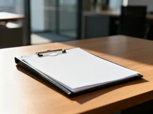 Minimalistyczne biurko z notatnikiem i rośliną, symbolizujące uporządkowane miejsce pracy przy prowadzeniu działalności.