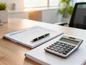 Profesjonalne biurko z dokumentami i kalkulatorem, symbolizujące rozliczenia finansowe i kwestie pracownicze.