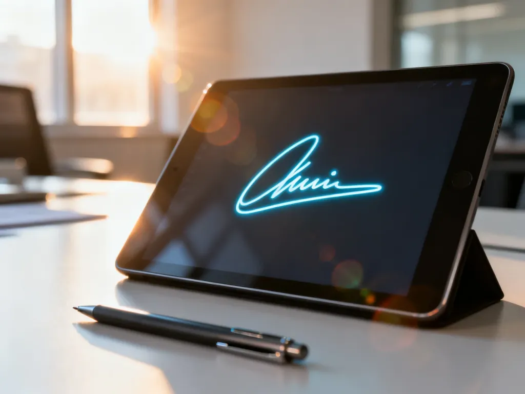 Tablet z ikoną podpisu elektronicznego i rysikiem na biurku, symbolizujący proces składania podpisu zaufanego.