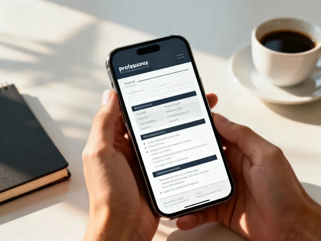Osoba trzymająca smartfon z wyświetlonym szablonem CV w minimalistycznym biurze.